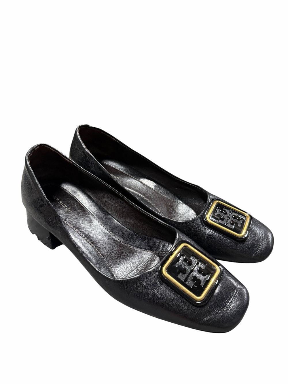Tory Burch Georgia Black Leather Logo Buckle Square Toe Pumps Size 9.5